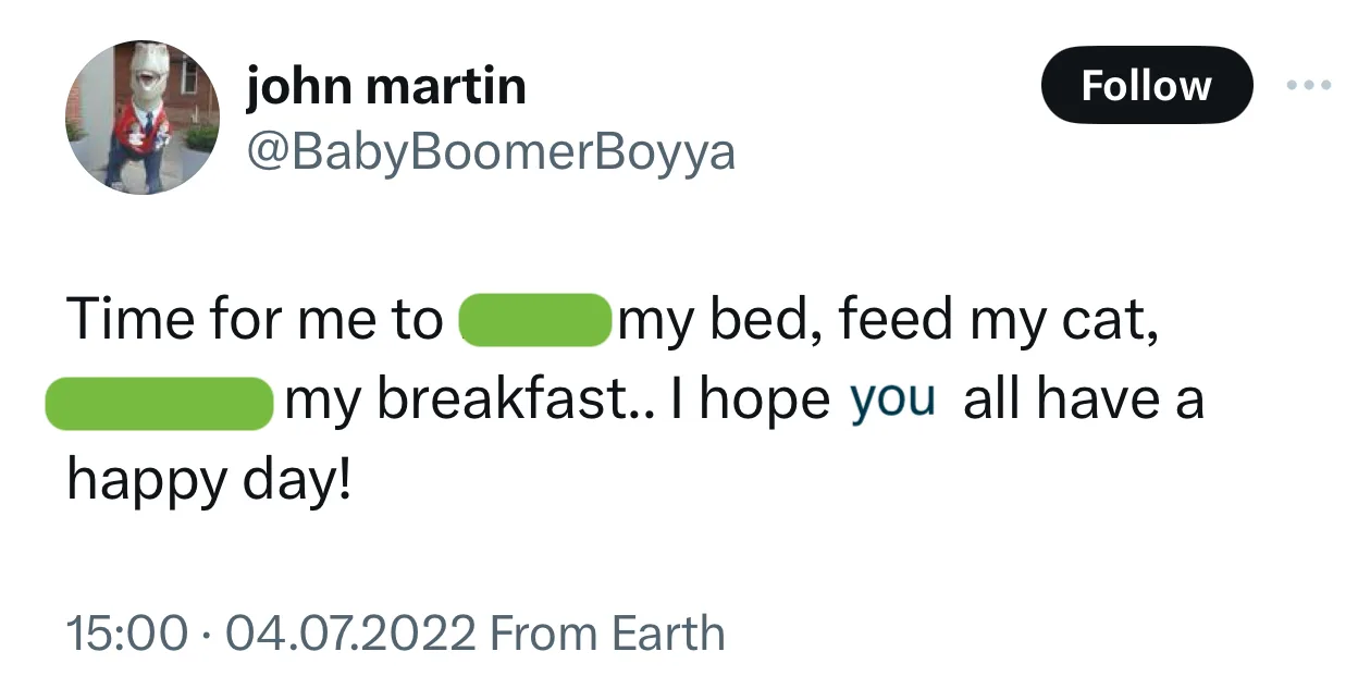 Твит: Time for me to … my bed, feed my cat, … my breakfast